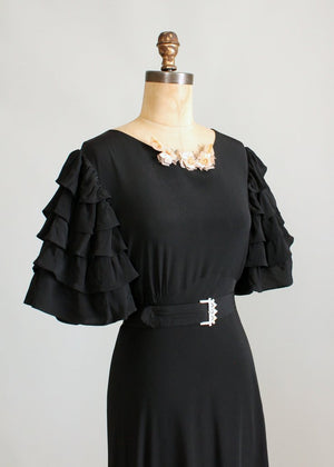 Vintage 1930s Seville Black Rayon Evening Dress