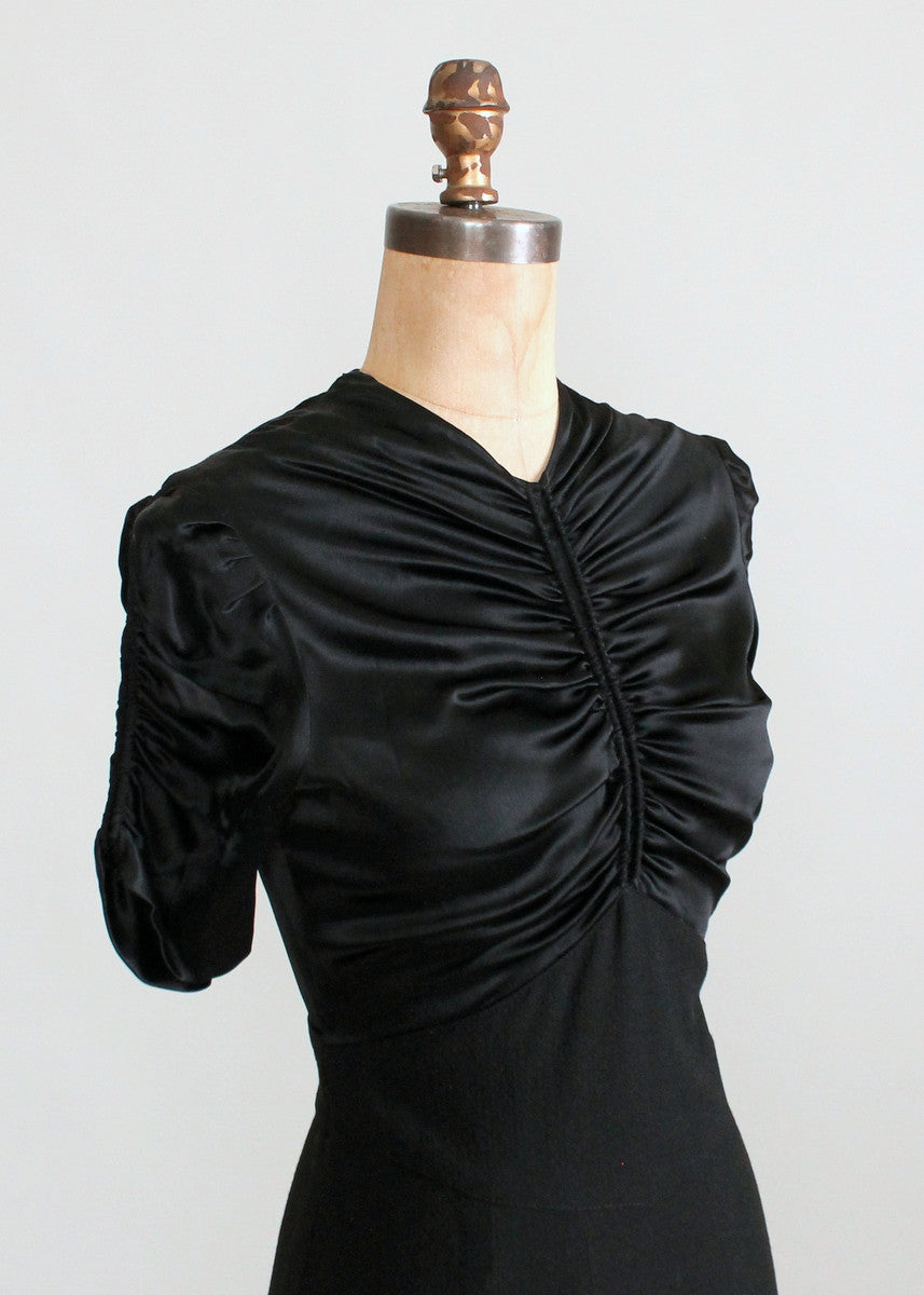 Vintage 1930s Black Satin and Wool Swing Dress