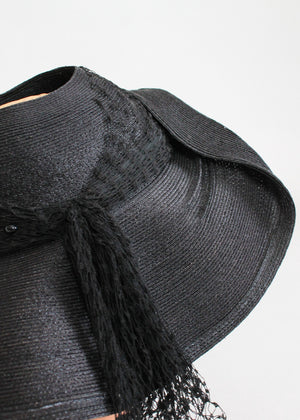 Vintage Early 1930s Black Straw Floppy Hat