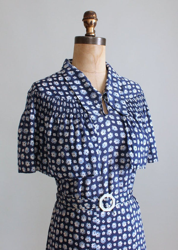 Vintage 1930s Blue Floral Cape Sleeve Day Dress - Raleigh Vintage