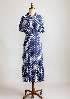 Vintage 1930s Blue Floral Cape Sleeve Day Dress