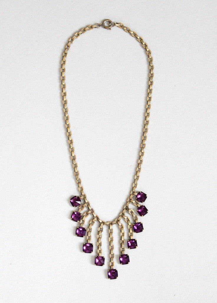 Vintage 1940s Brass and Purple Glass Bib Necklace