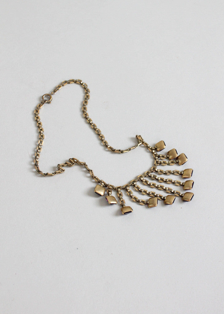 Vintage 1940s Brass and Purple Glass Bib Necklace