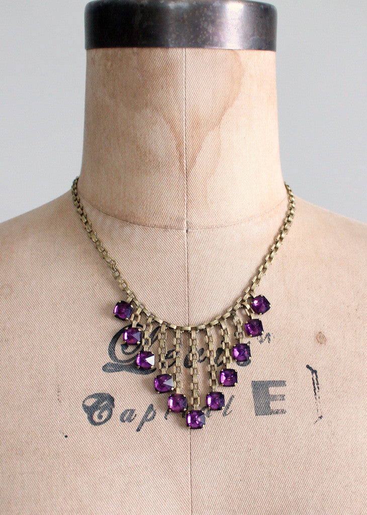 Vintage 1940s Brass and Purple Glass Bib Necklace