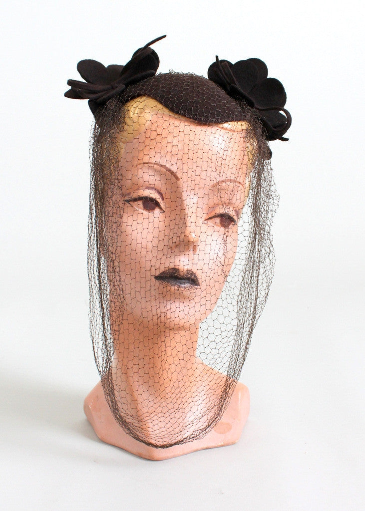 Vintage Late 1930s Brown Felt Veiled Hat