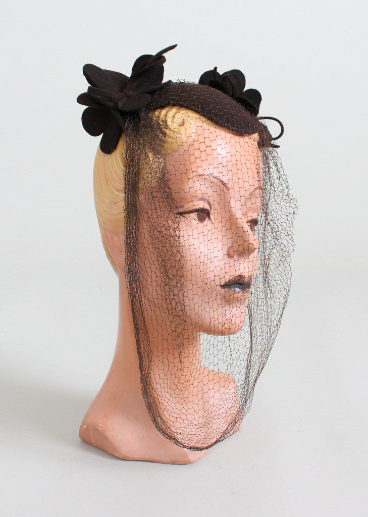 Vintage Late 1930s Brown Felt Veiled Hat