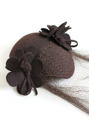 Vintage Late 1930s Brown Felt Veiled Hat