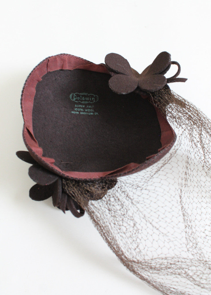 Vintage Late 1930s Brown Felt Veiled Hat