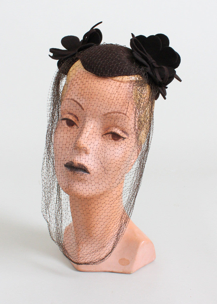 Vintage Late 1930s Brown Felt Veiled Hat