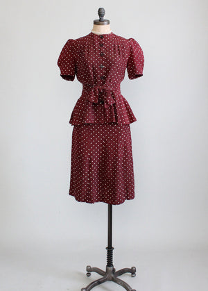 Vintage Late 1930s Polka Dot Peplum Suit
