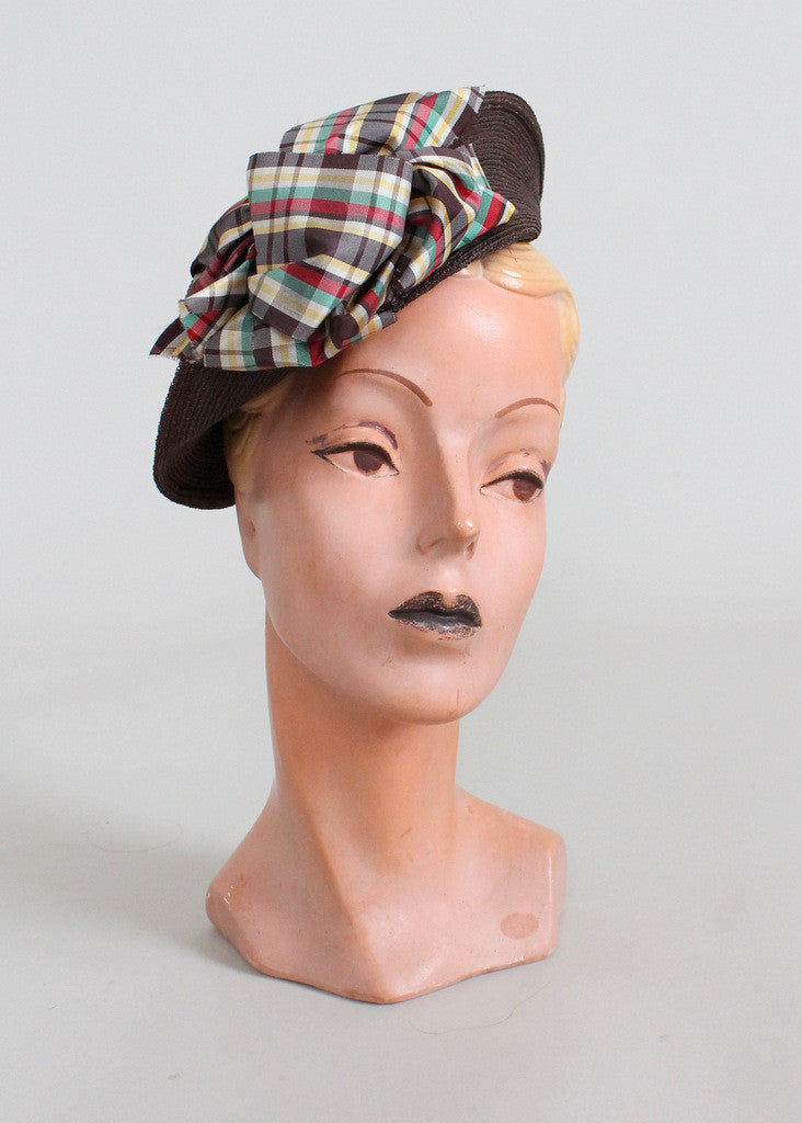 Vintage 1930s Brown Straw Tilt Hat with Plaid Bow