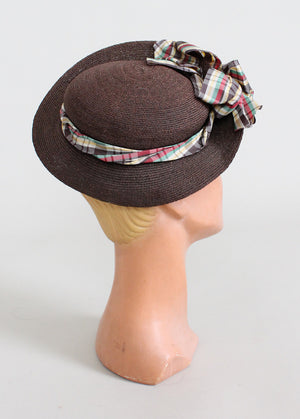 Vintage 1930s Brown Straw Tilt Hat with Plaid Bow