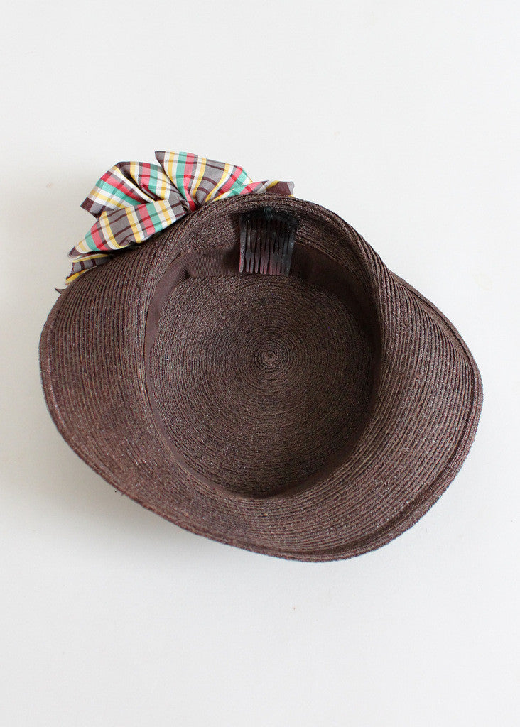 Vintage 1930s Brown Straw Tilt Hat with Plaid Bow