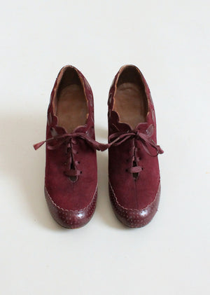 Vintage 1930s Burgundy Suede and Leather Lace Up Shoes