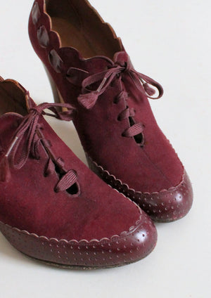 Vintage 1930s Burgundy Suede and Leather Lace Up Shoes