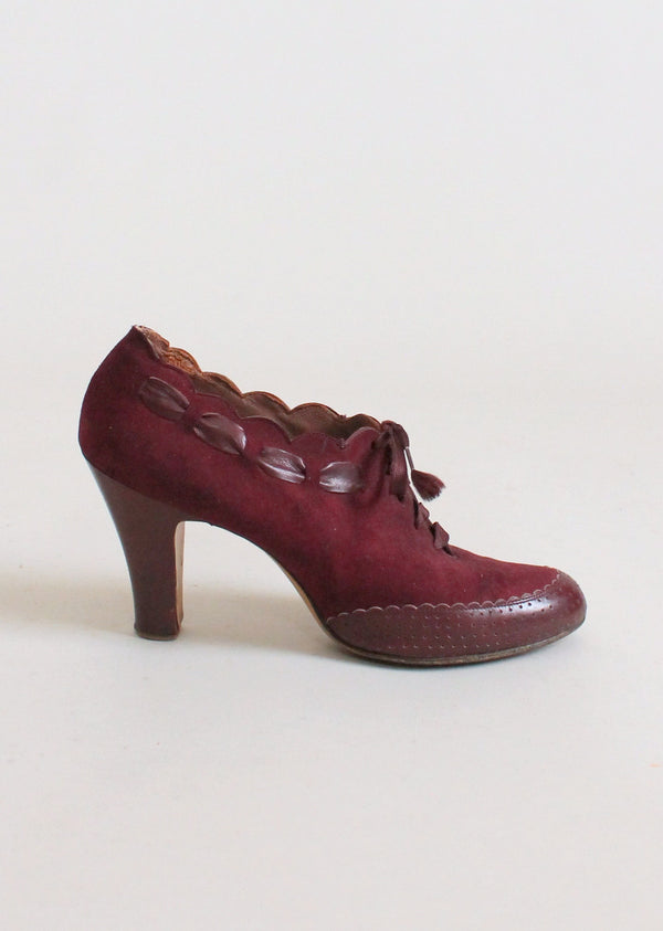 Vintage 1930s Burgundy Suede and Leather Lace Up Shoes - Raleigh Vintage