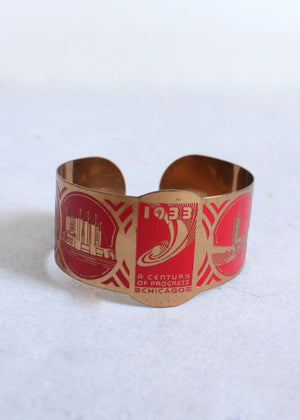 Vintage 1930s Chicago World's Fair Red and Brass Bangle
