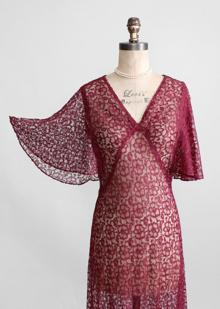 Vintage 1930s Cranberry Lace Evening Dress - Raleigh Vintage Vintage 1930s Cranberry Lace Evening Dress - Raleigh Vintage