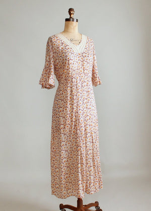 Vintage 1930s Daisy Garden Floral Cotton Day Dress