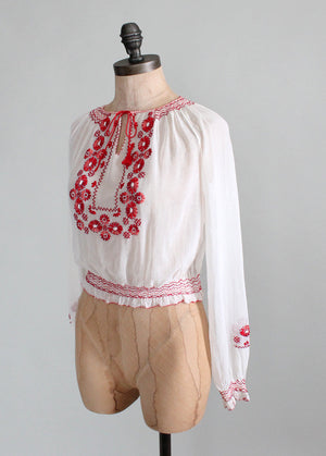 Vintage 1930s Embroidered Cotton Hungarian Folk Blouse