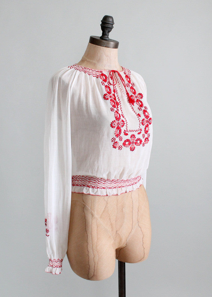 Vintage 1930s Embroidered Cotton Hungarian Folk Blouse