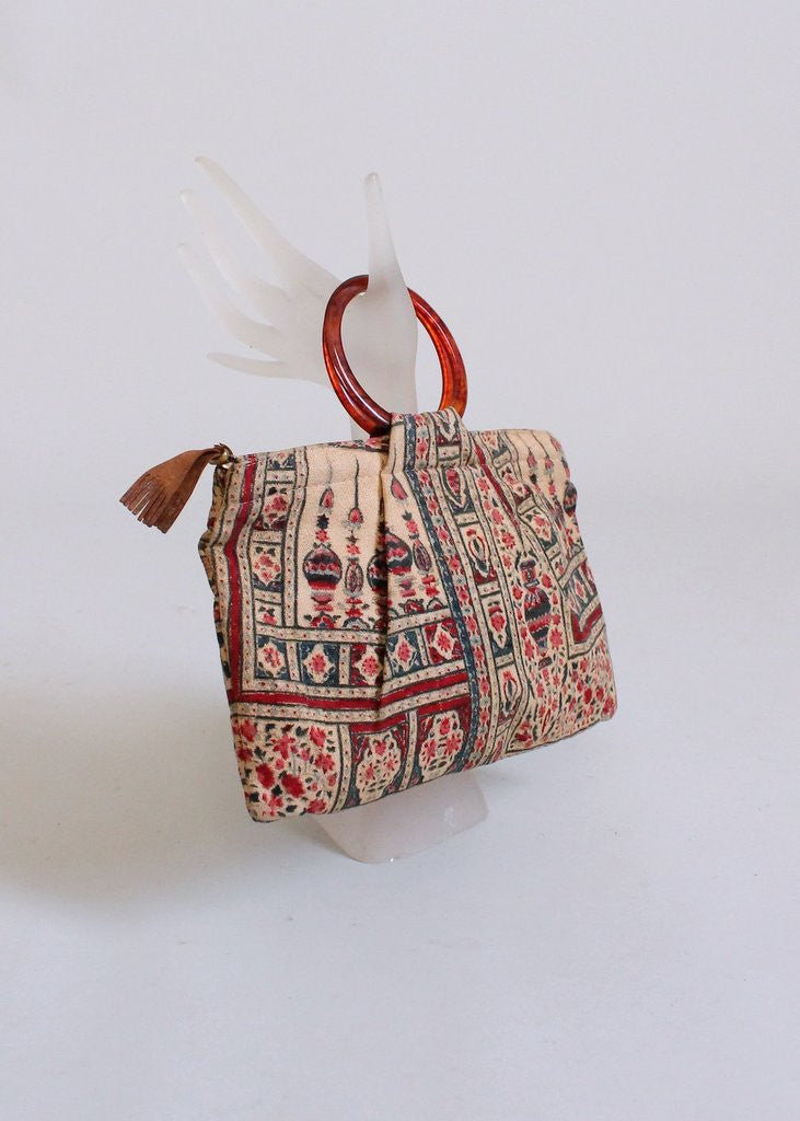 Vintage 1930s Indian Print Purse with Bakelite Handles