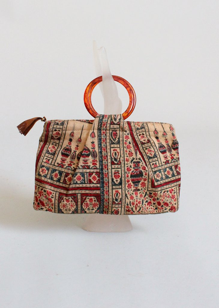 Vintage 1930s Indian Print Purse with Bakelite Handles