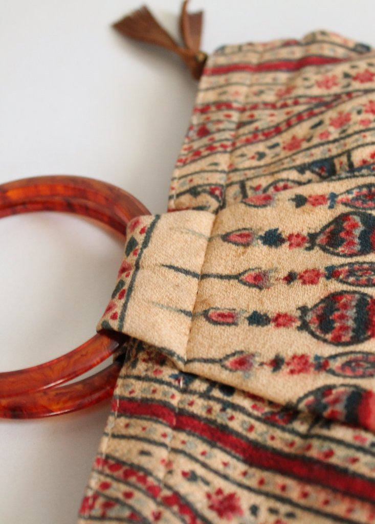 Vintage 1930s Indian Print Purse with Bakelite Handles