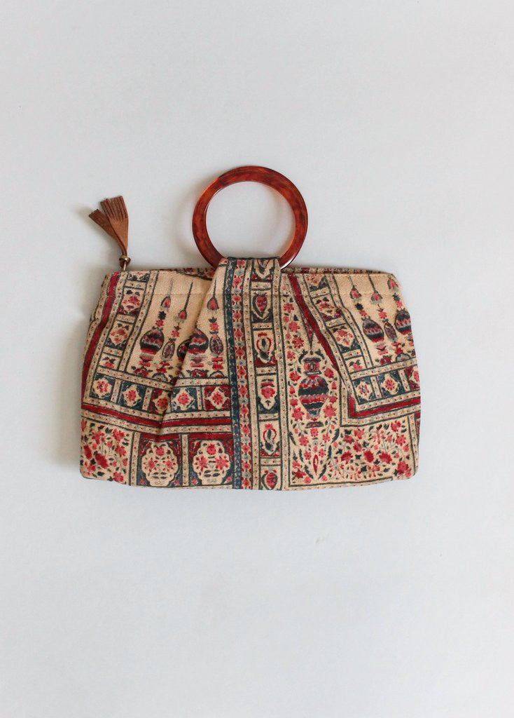 Vintage 1930s Indian Print Purse with Bakelite Handles
