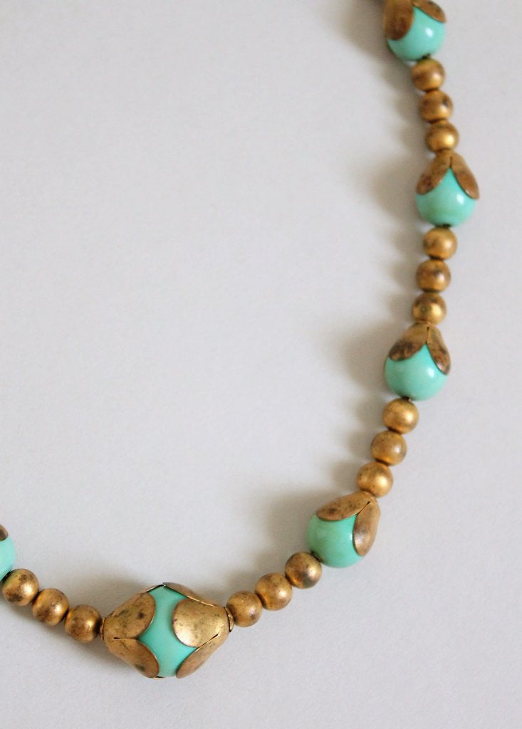 Vintage 1930s Jade Glass and Brass Choker Necklace