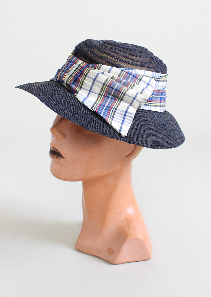 Vintage 1930s Navy Straw and Plaid Bow Hat