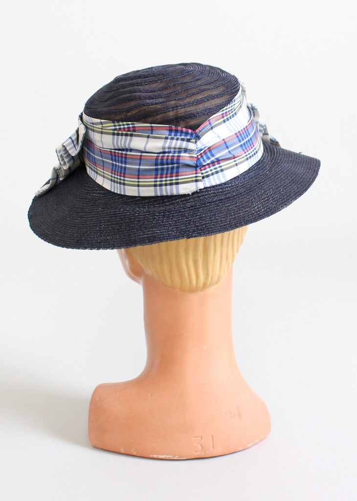 Vintage 1930s Navy Straw and Plaid Bow Hat