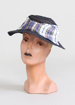 Vintage 1930s Navy Straw and Plaid Bow Hat