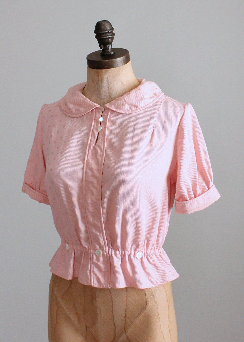 Vintage 1930s Pink Polka Dots Cotton Blouse