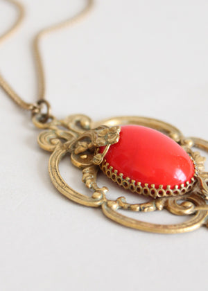 Vintage 1930s Red Glass and Brass Pendant Necklace