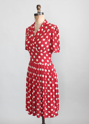 Vintage Late 1930s Red Rayon Polka Dot Swing Dress
