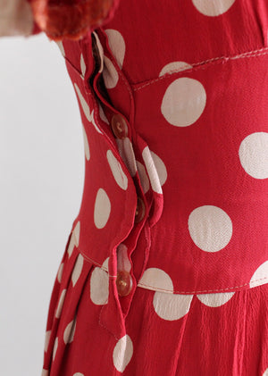 Vintage Late 1930s Red Rayon Polka Dot Swing Dress