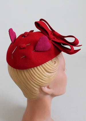 Vintage 1930s Red Bows, Hearts, and Squares Felt Hat