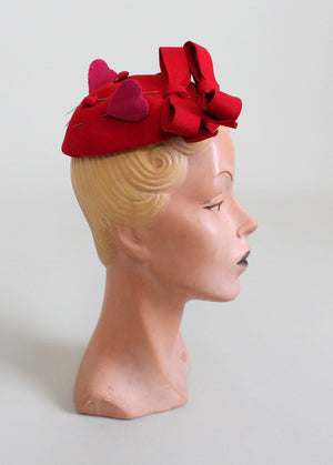 Vintage 1930s Red Bows, Hearts, and Squares Felt Hat