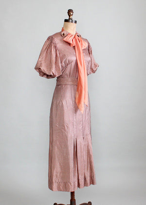 Vintage 1930s Taffeta Check Day Dress with Puff Sleeves