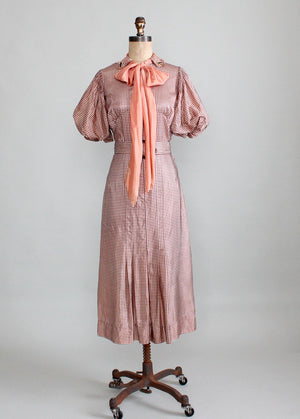Vintage 1930s Taffeta Check Day Dress with Puff Sleeves