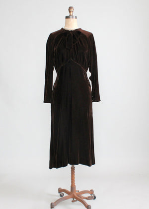 Vintage 1930s Brown Velvet  Afternoon Dress