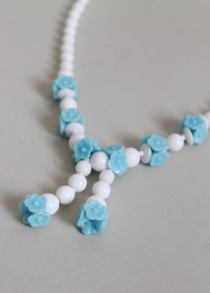 Vintage 1930s Blue Flowers and White Glass Bead Necklace