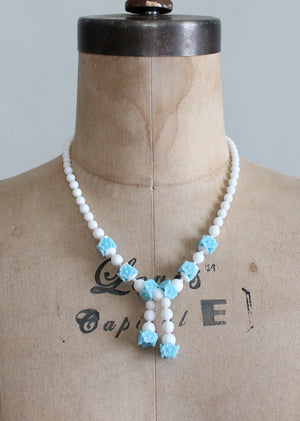 Vintage 1930s Blue Flowers and White Glass Bead Necklace