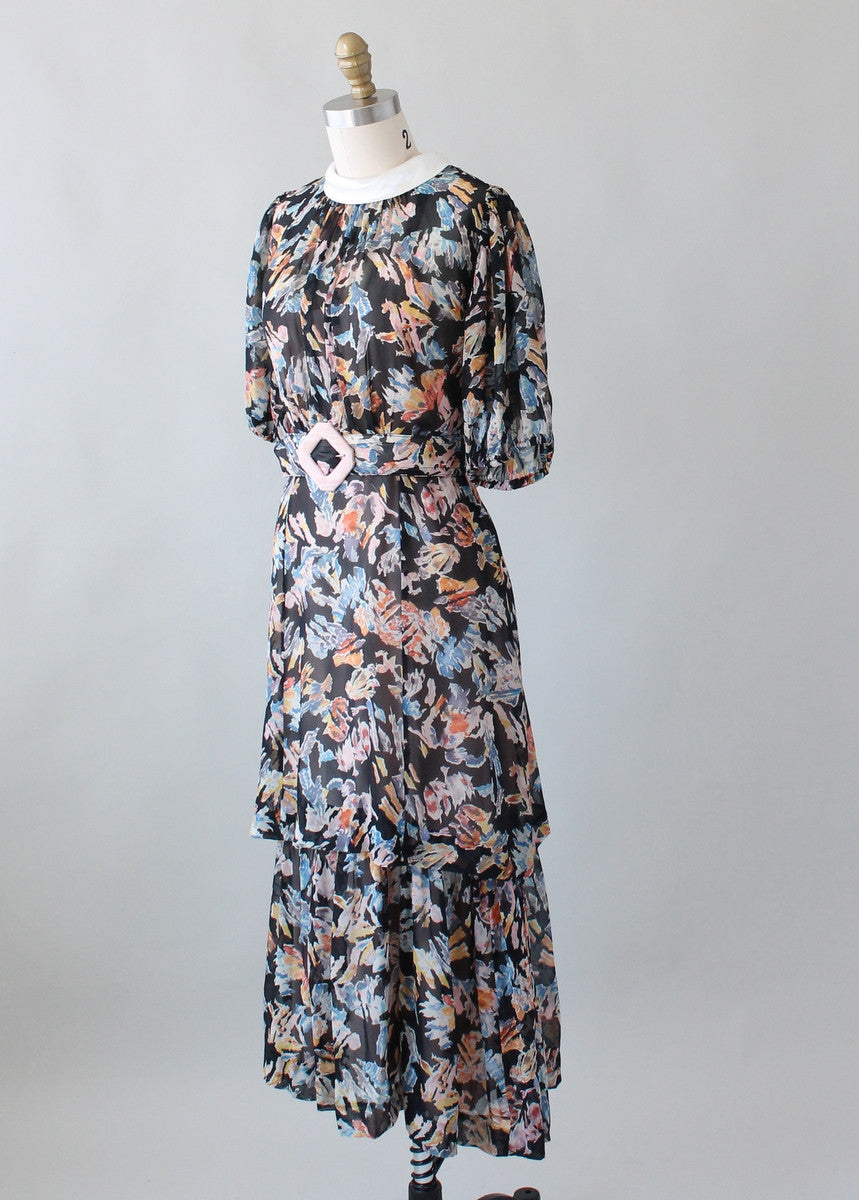 Vintage 1930s Abstract Print Silk Chiffon Dress