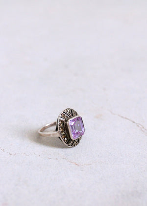 Vintage 1930s Amethyst Glass and Marcasite Cocktail Ring