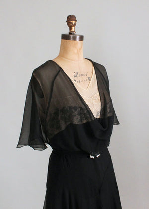 Vintage Early 1930s Black Silk and Nude Lace Dress