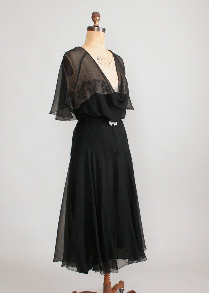 Vintage Early 1930s Black Silk and Nude Lace Dress