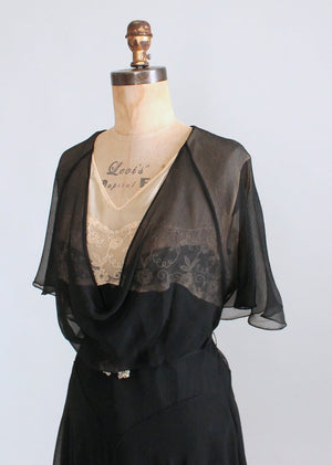 Vintage Early 1930s Black Silk and Nude Lace Dress