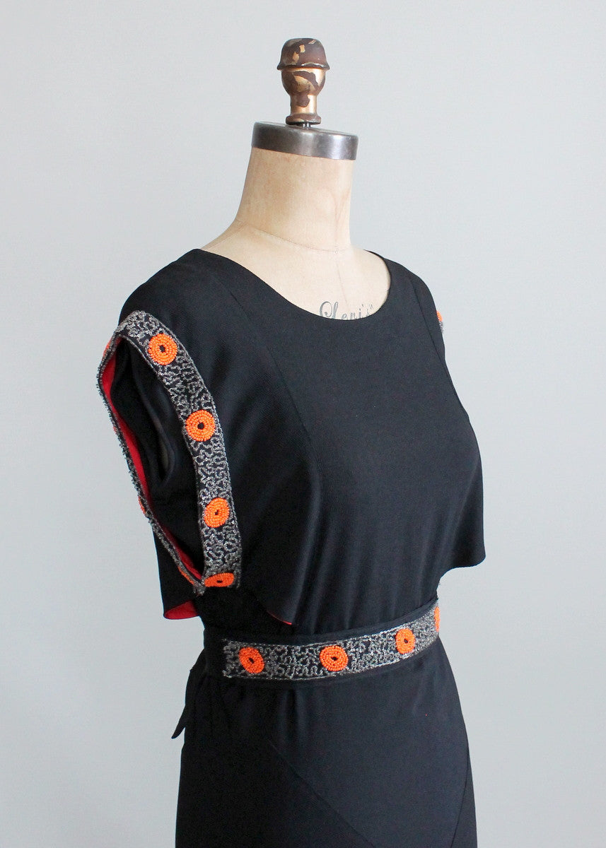 Vintage 1930s Black Crepe Tangerine Beaded Evening Dress